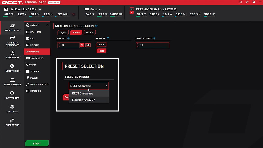 OCCT memory preset manager with saved configuration slots