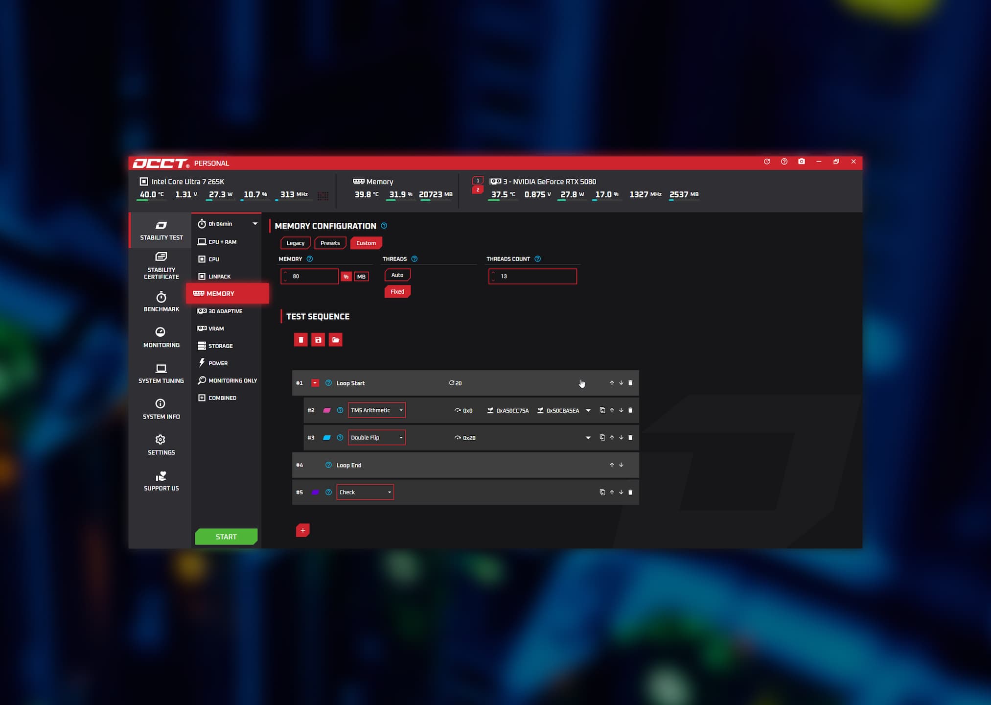 OCCT memory suite showing preset controls in version 17