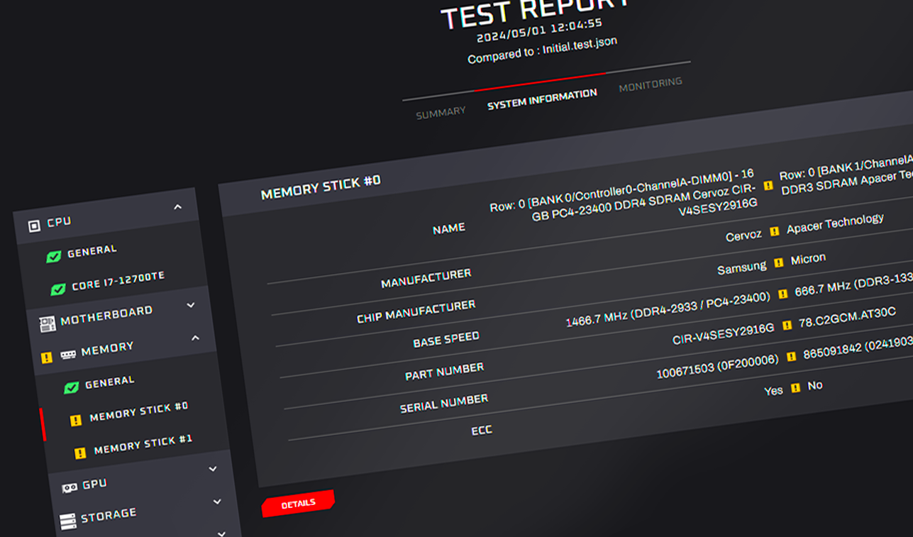 OCCT side-by-side report diff highlighting configuration changes